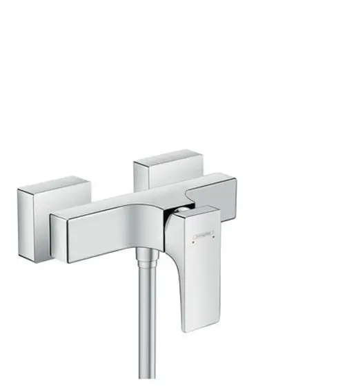 Chromfarbener Einhebel-Brausemischer von Hansgrohe, Aufputzmontage, mit einem Hebelgriff zur Regulierung von Wassertemperatur und -fluss.